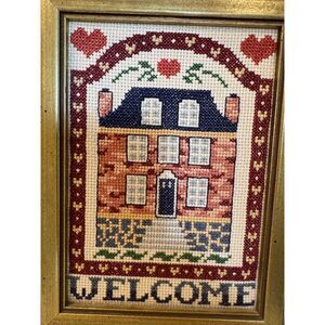 "Welcome" Vintage House Home Needlepoint Framed Art